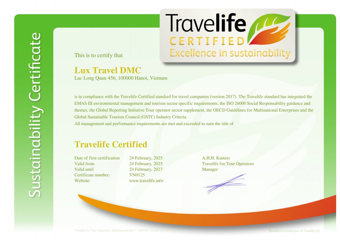 Lux Travel DMC received Travelife Certification Travelife Certified Award